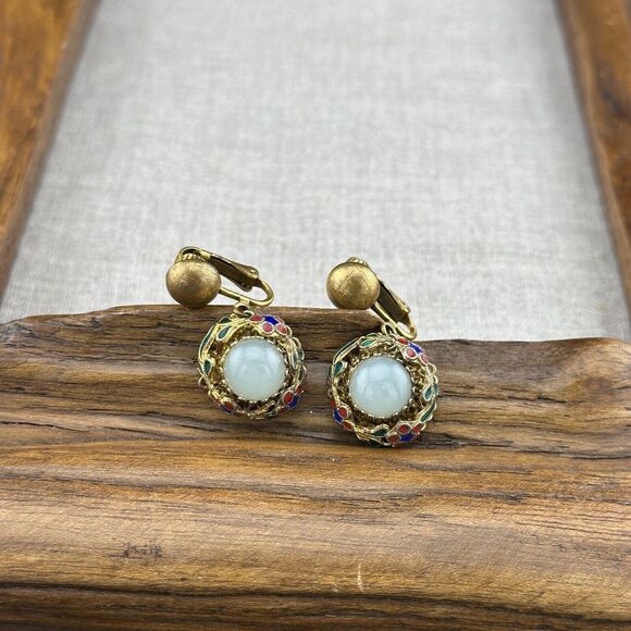 Vintage Clip-on Earrings Vermeil Gold Over Silver Cloisonne White Nephrite Jade - Picture 10 of 12